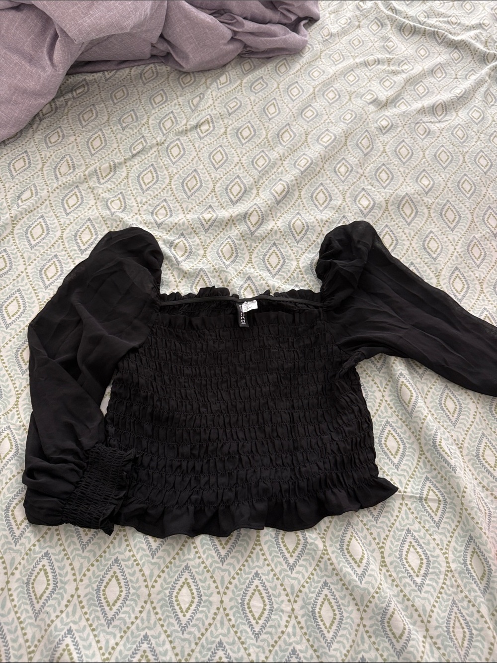 H&M Black Smocked Puff-Sleeve Blouse
